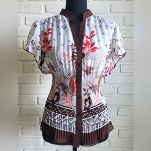 Nicola Short Sleeve Semi Sheer Pleated Frill Floral Blouse Retro